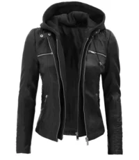 Ebony Twilight Black Leather Jacket with Hood