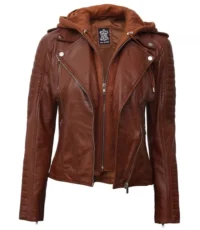 Espresso Cozy Brown Hooded Leather Jacket For Women (2)