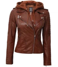 Espresso Cozy Brown Hooded Leather Jacket For Women