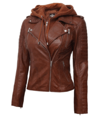 Espresso Cozy Brown Hooded Leather Jacket For Women (4)