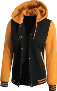 Noir And Yellow Hooded Baseball-Style Letterman Jacket for Women