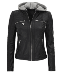 Noir Look Black Hooded Women's Leather Jacket (2)