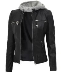 Noir Look Black Hooded Women's Leather Jacket