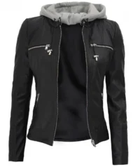 Noir Look Black Hooded Women's Leather Jacket (3)